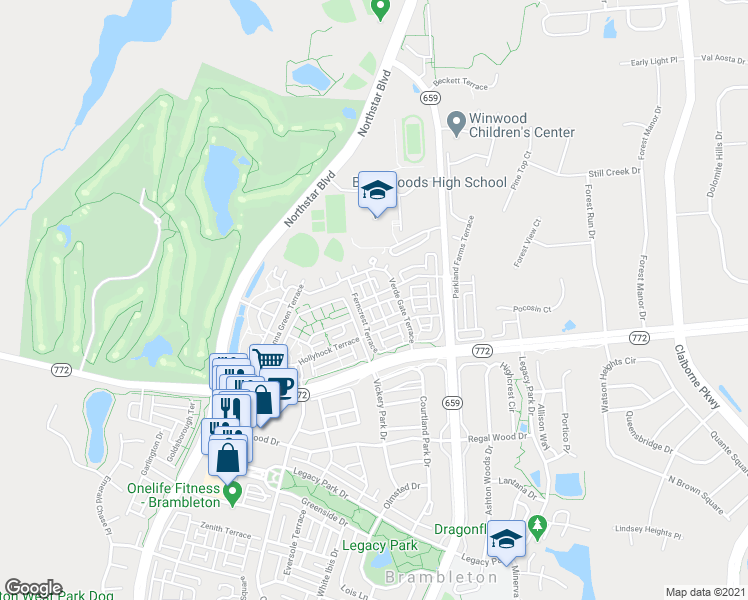 map of restaurants, bars, coffee shops, grocery stores, and more near 42541 Highgate Terrace in Brambleton