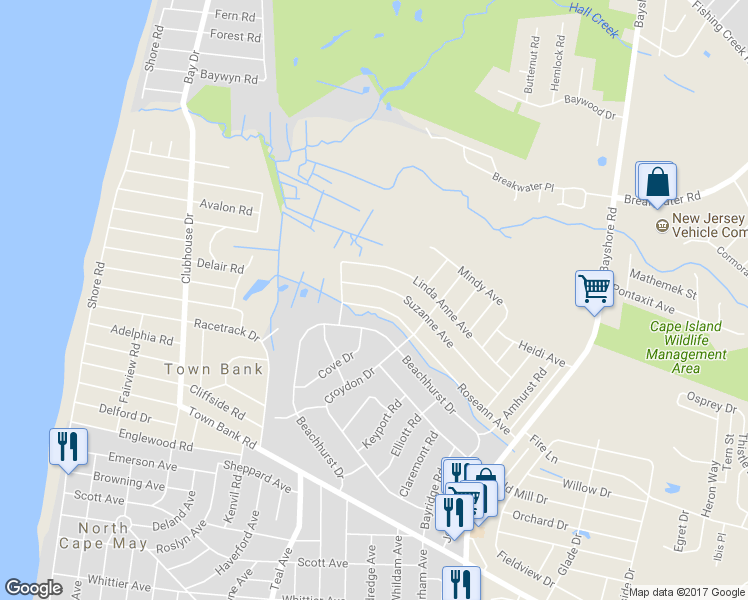 map of restaurants, bars, coffee shops, grocery stores, and more near 319 Roseann Avenue in North Cape May
