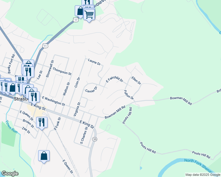 map of restaurants, bars, coffee shops, grocery stores, and more near 697 Virginia Street in Strasburg