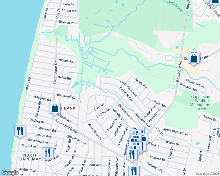 map of restaurants, bars, coffee shops, grocery stores, and more near 319 Roseann Avenue in North Cape May
