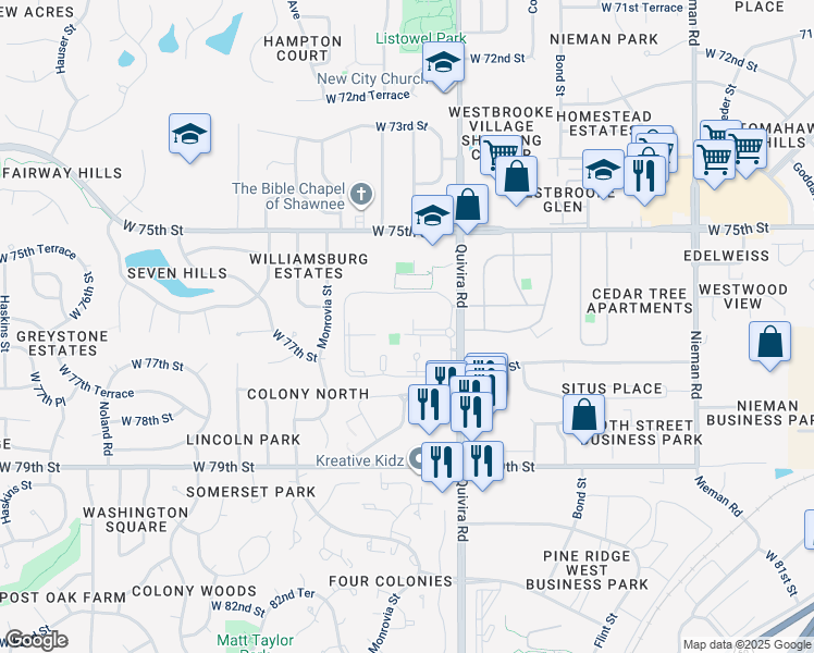 map of restaurants, bars, coffee shops, grocery stores, and more near 7677 Charles Street in Lenexa