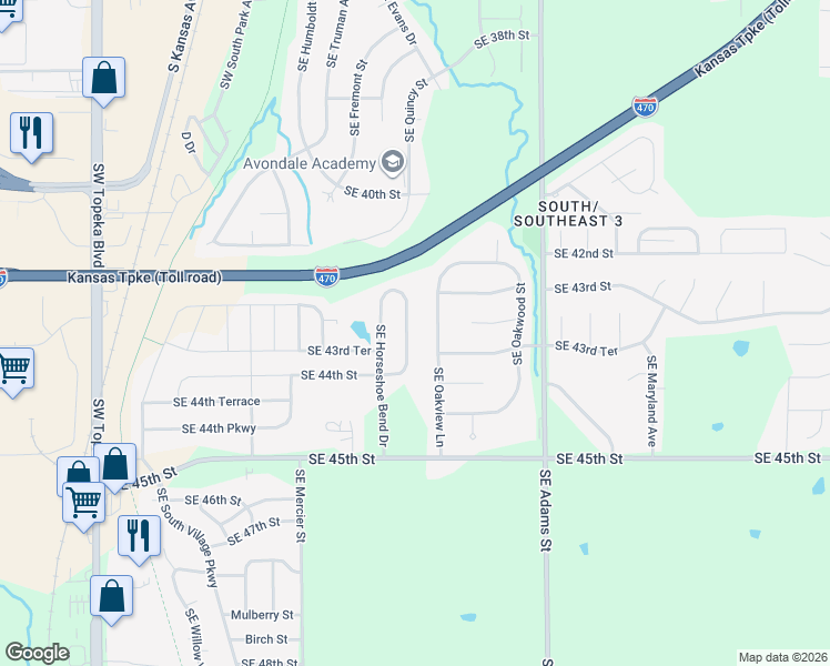 map of restaurants, bars, coffee shops, grocery stores, and more near 4321 Southeast Chisolm Road in Topeka