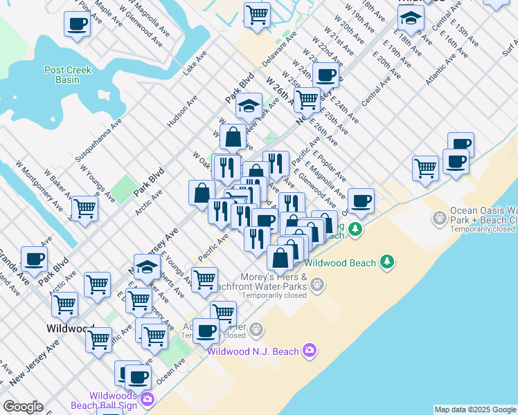 map of restaurants, bars, coffee shops, grocery stores, and more near 3301 Pacific Avenue in Wildwood