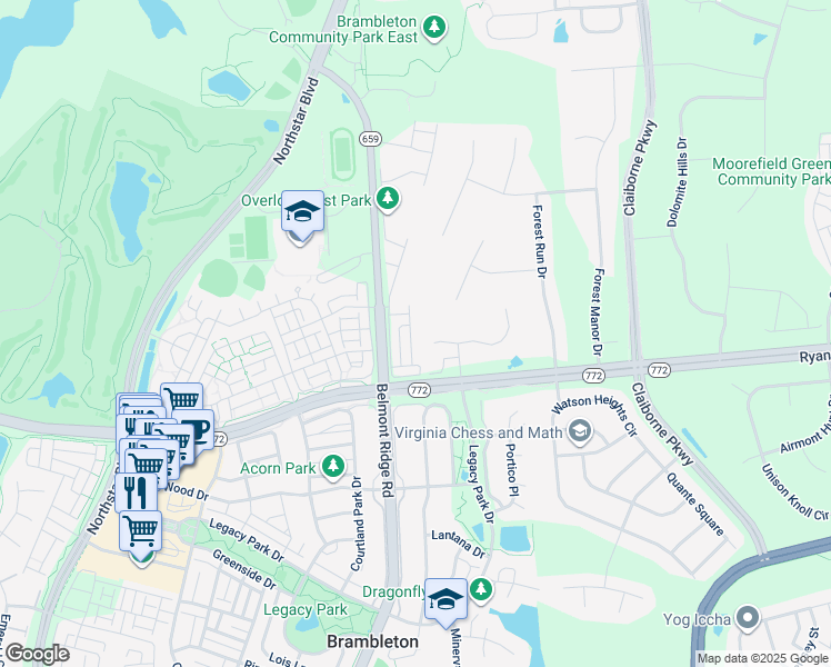 map of restaurants, bars, coffee shops, grocery stores, and more near 22670 Flowing Spring Square in Ashburn