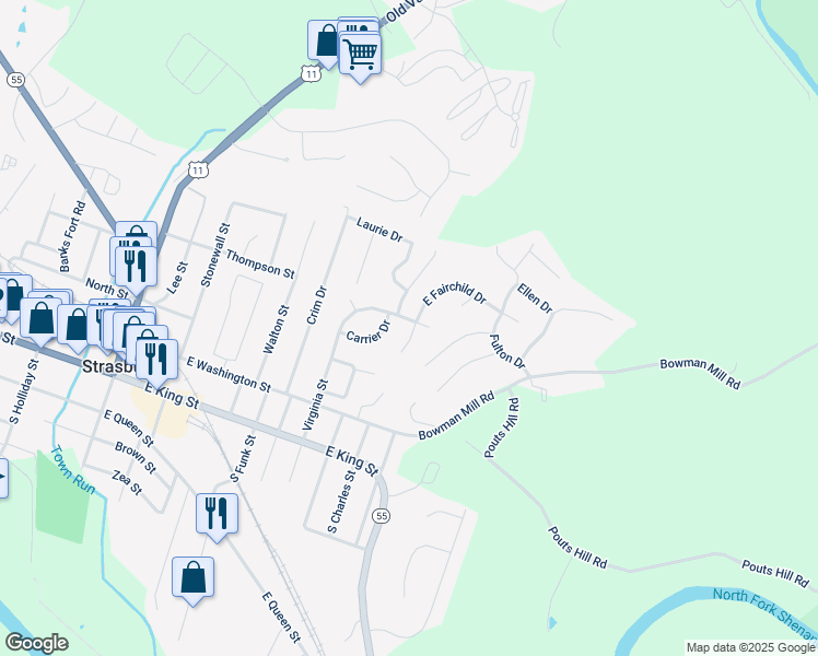 map of restaurants, bars, coffee shops, grocery stores, and more near 570 Virginia Street in Strasburg