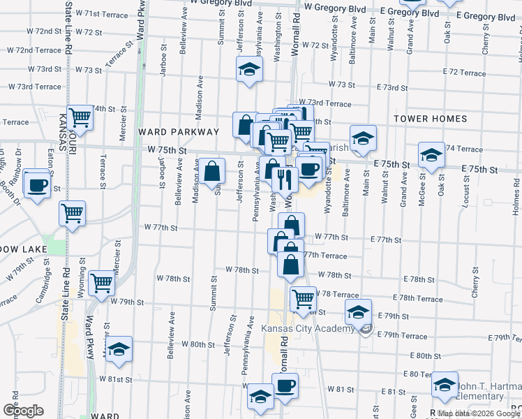 map of restaurants, bars, coffee shops, grocery stores, and more near 7629 Pennsylvania Avenue in Kansas City
