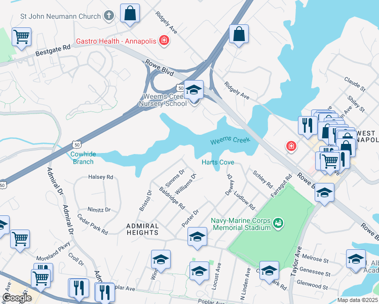 map of restaurants, bars, coffee shops, grocery stores, and more near 38 Williams Drive in Annapolis