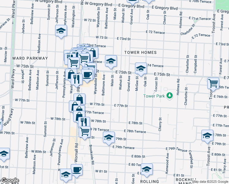 map of restaurants, bars, coffee shops, grocery stores, and more near 7624 Main Street in Kansas City