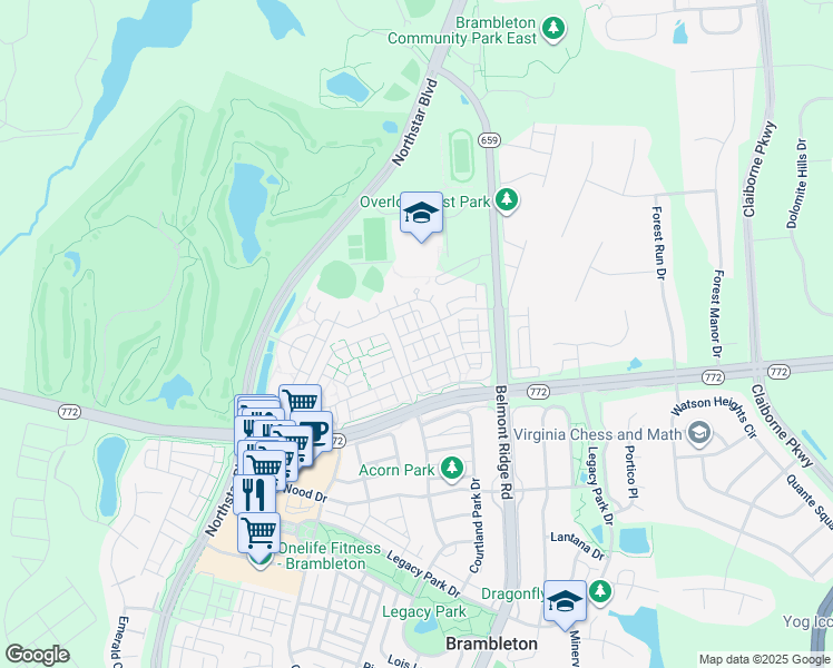 map of restaurants, bars, coffee shops, grocery stores, and more near 42541 Highgate Terrace in Brambleton