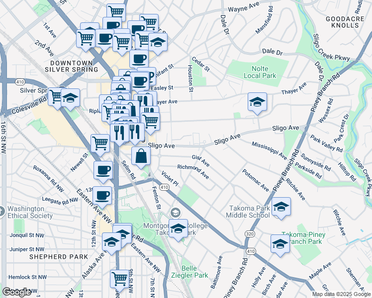 map of restaurants, bars, coffee shops, grocery stores, and more near 816 Sligo Avenue in Silver Spring