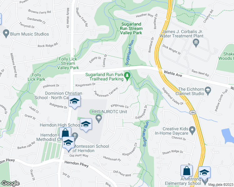 map of restaurants, bars, coffee shops, grocery stores, and more near 1444 Kingstream Drive in Herndon