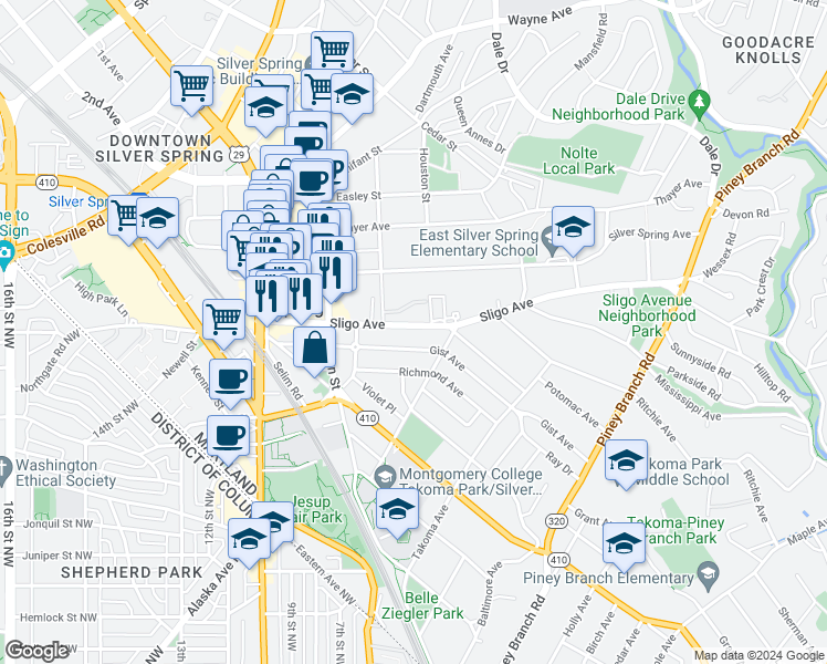 map of restaurants, bars, coffee shops, grocery stores, and more near 816 Sligo Avenue in Silver Spring