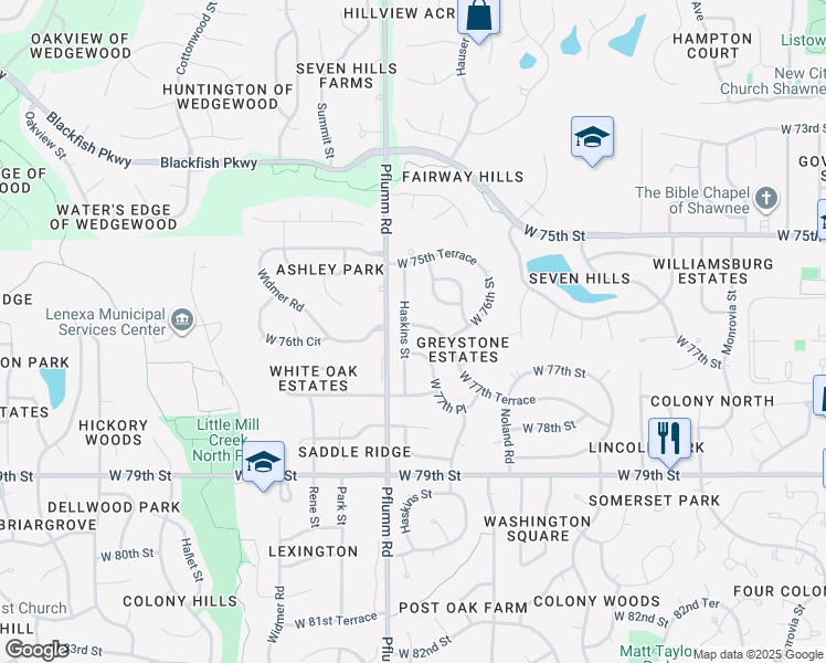 map of restaurants, bars, coffee shops, grocery stores, and more near 7713 Haskins Street in Shawnee