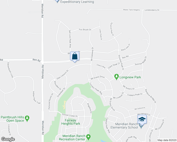 map of restaurants, bars, coffee shops, grocery stores, and more near 10983 Torreys Peak Way in Peyton