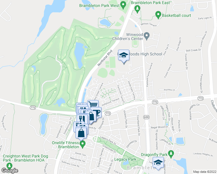 map of restaurants, bars, coffee shops, grocery stores, and more near 22668 Blue Elder Terrace in Ashburn