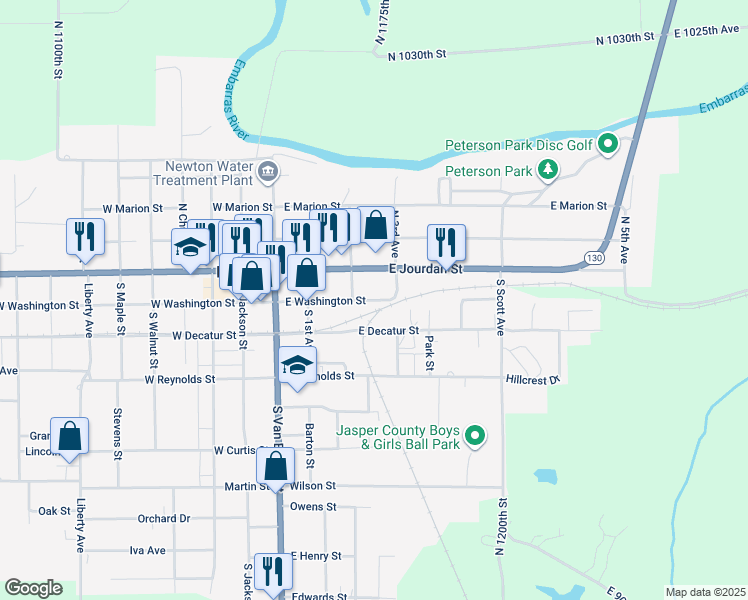 map of restaurants, bars, coffee shops, grocery stores, and more near 300-398 East Washington Street in Newton