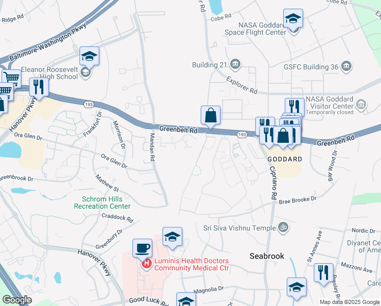 map of restaurants, bars, coffee shops, grocery stores, and more near 8327 Canning Terrace in Greenbelt