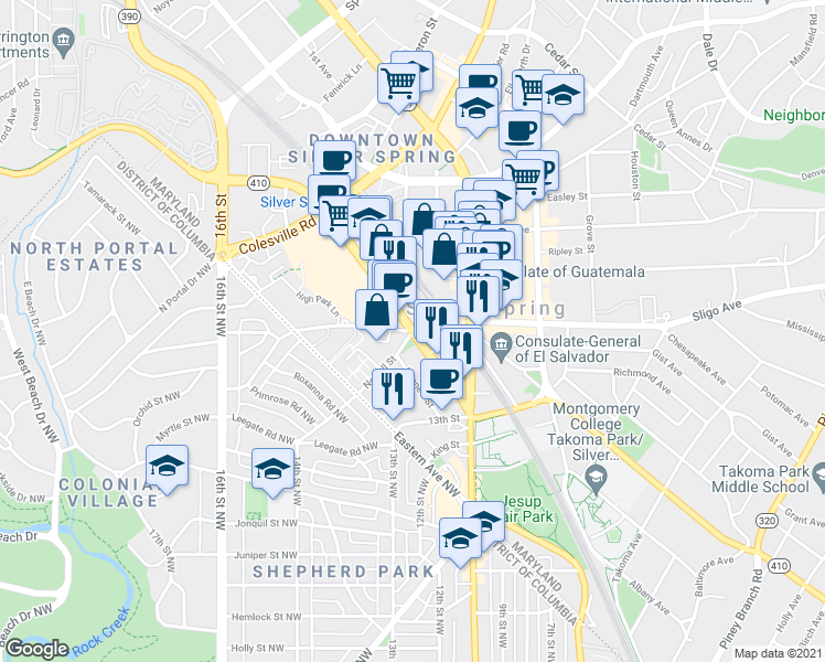 map of restaurants, bars, coffee shops, grocery stores, and more near East-West Hwy & Blair Mill Rd in Silver Spring