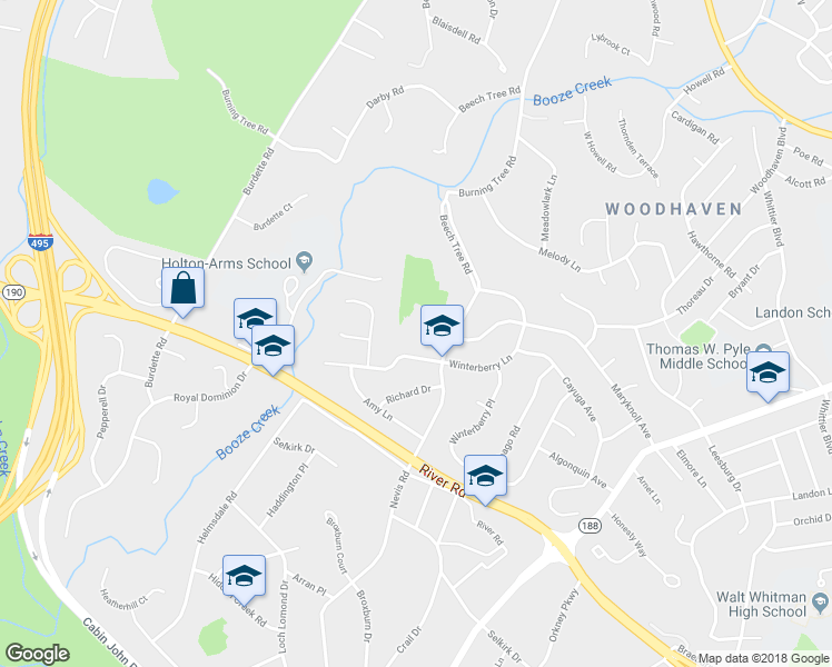 map of restaurants, bars, coffee shops, grocery stores, and more near 7900 Beech Tree Road in Bethesda