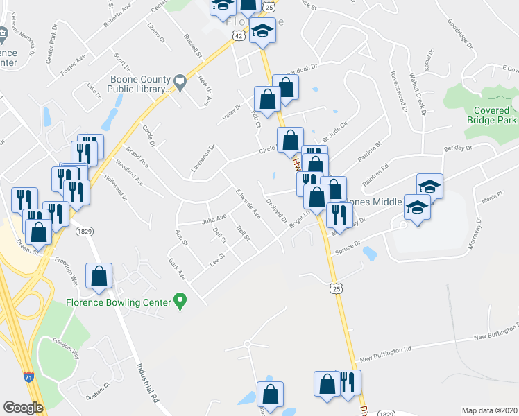 map of restaurants, bars, coffee shops, grocery stores, and more near 34 Edwards Avenue in Florence
