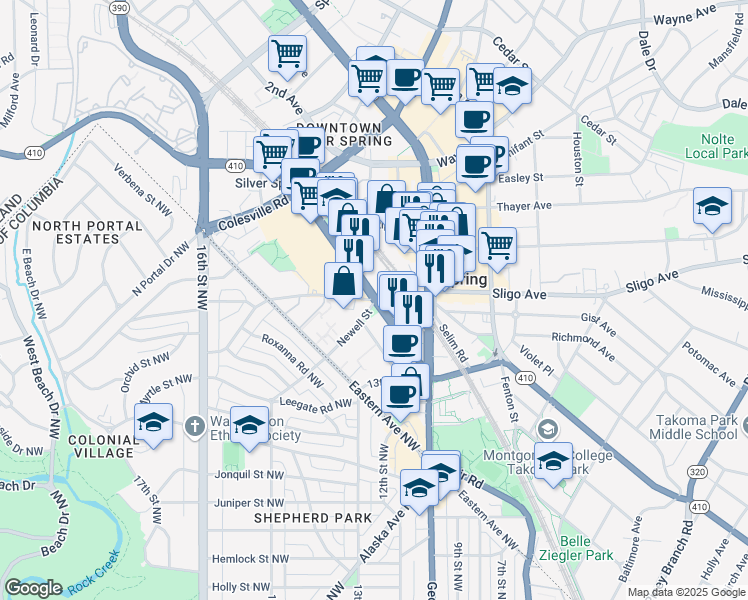 map of restaurants, bars, coffee shops, grocery stores, and more near 1200 East-West Highway in Silver Spring