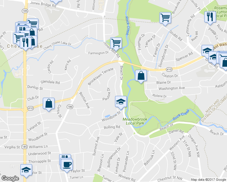 map of restaurants, bars, coffee shops, grocery stores, and more near 3122 Brooklawn Terrace in Chevy Chase