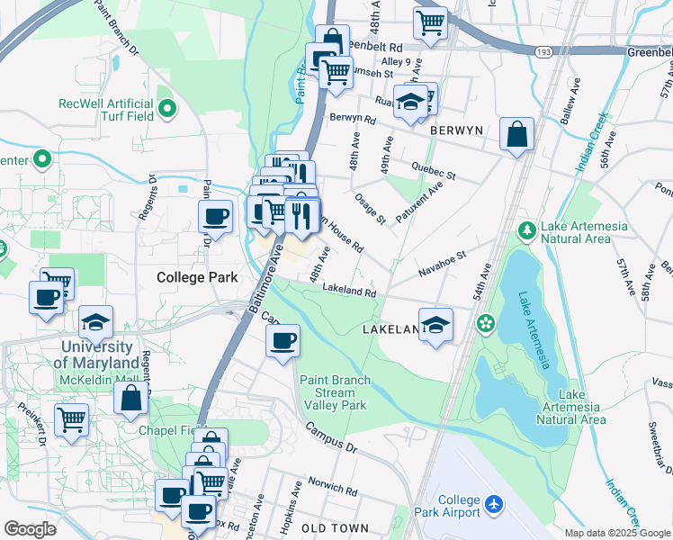 map of restaurants, bars, coffee shops, grocery stores, and more near 8125 48th Avenue in College Park