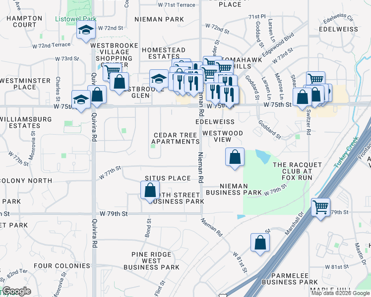 map of restaurants, bars, coffee shops, grocery stores, and more near 11148 West 76th Terrace in Overland Park