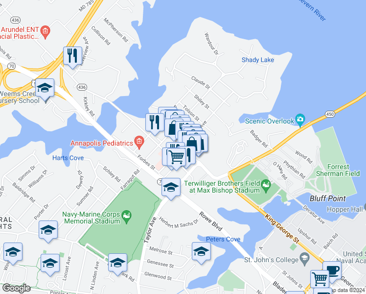 map of restaurants, bars, coffee shops, grocery stores, and more near 68 Annapolis Street in Annapolis
