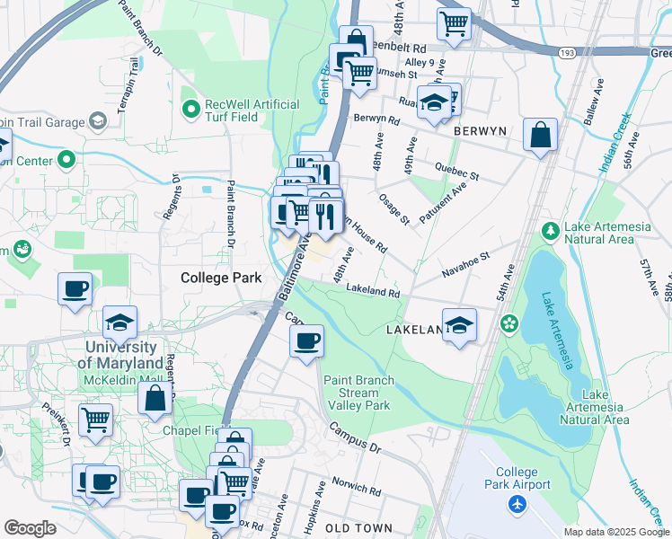 map of restaurants, bars, coffee shops, grocery stores, and more near 8116 48th Avenue in College Park
