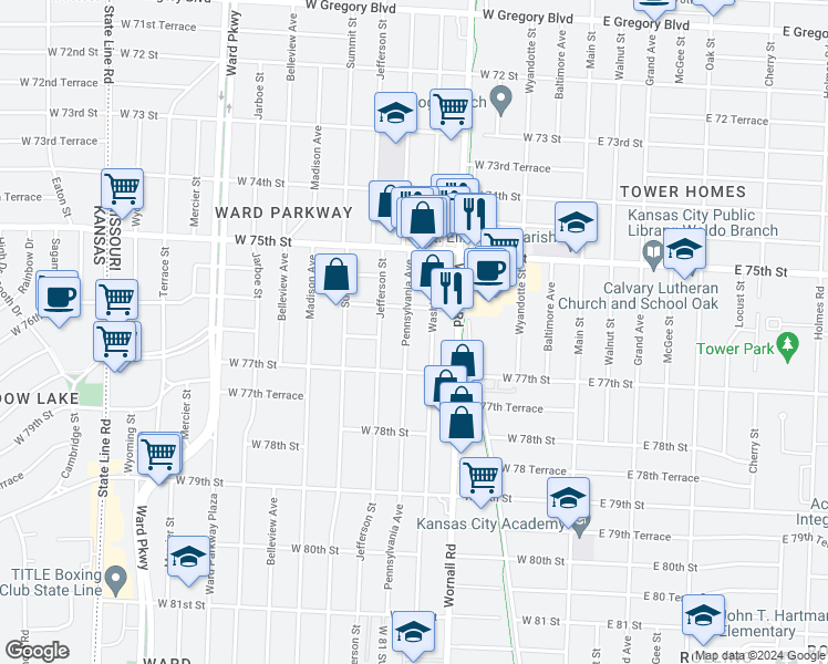 map of restaurants, bars, coffee shops, grocery stores, and more near 7629 Pennsylvania Avenue in Kansas City