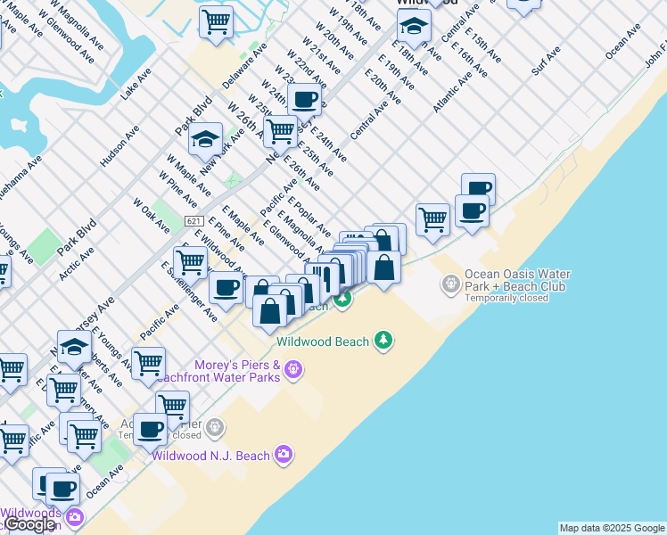 map of restaurants, bars, coffee shops, grocery stores, and more near 3000 Ocean Avenue in Wildwood