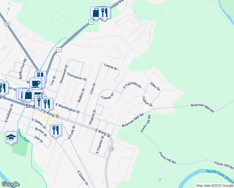 map of restaurants, bars, coffee shops, grocery stores, and more near 528 Virginia Street in Strasburg