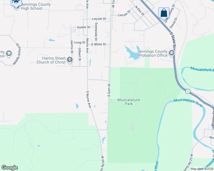 map of restaurants, bars, coffee shops, grocery stores, and more near 587 South Gum Street in North Vernon