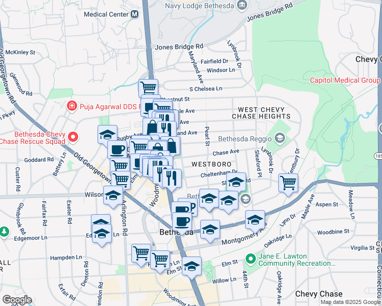 map of restaurants, bars, coffee shops, grocery stores, and more near 4613 Chase Avenue in Bethesda