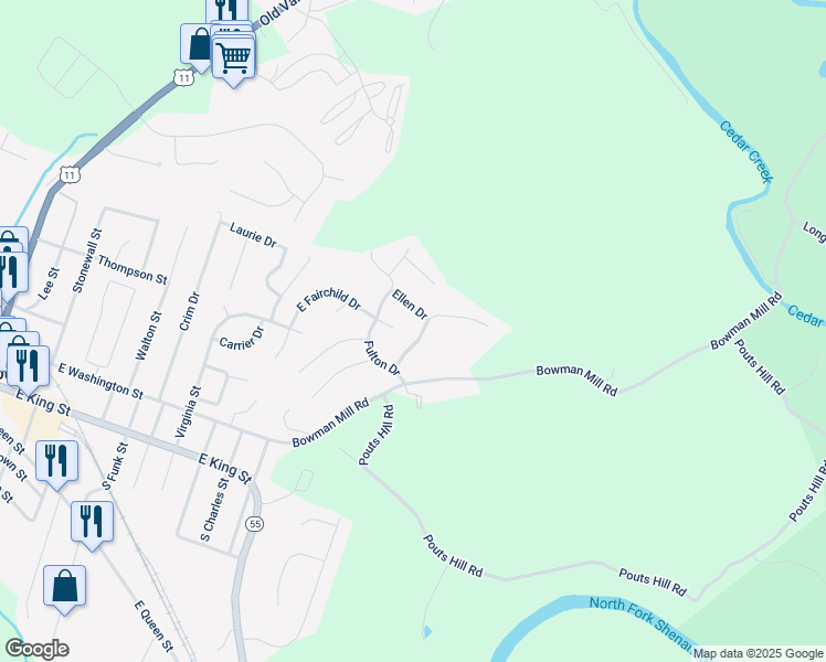 map of restaurants, bars, coffee shops, grocery stores, and more near 633 Christiansen Drive in Strasburg