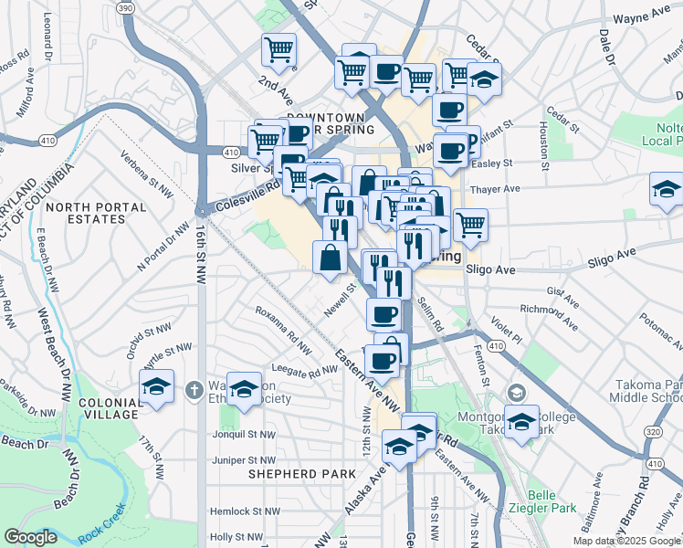 map of restaurants, bars, coffee shops, grocery stores, and more near Blair Mill Road in Silver Spring