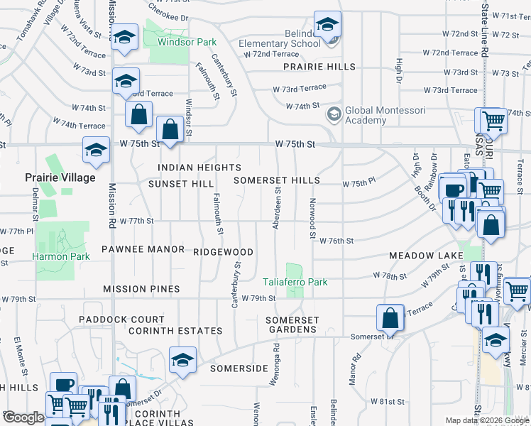 map of restaurants, bars, coffee shops, grocery stores, and more near 7701 Chadwick Street in Prairie Village