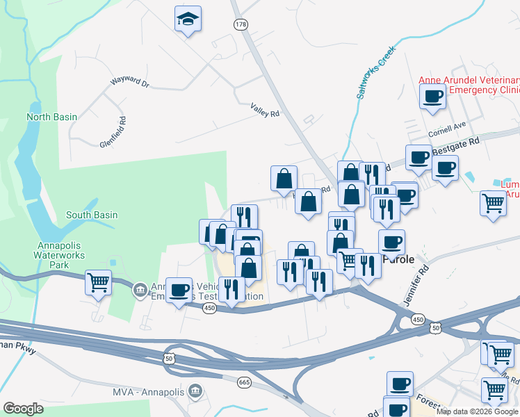 map of restaurants, bars, coffee shops, grocery stores, and more near 66 Regatta Bay Court in Annapolis