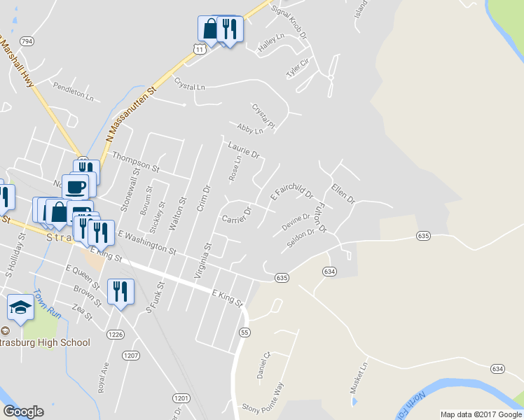 map of restaurants, bars, coffee shops, grocery stores, and more near 570 Virginia Street in Strasburg