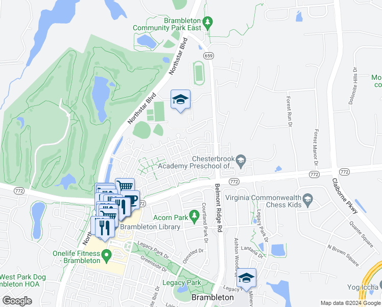 map of restaurants, bars, coffee shops, grocery stores, and more near 22682 Verde Gate Terrace in Brambleton