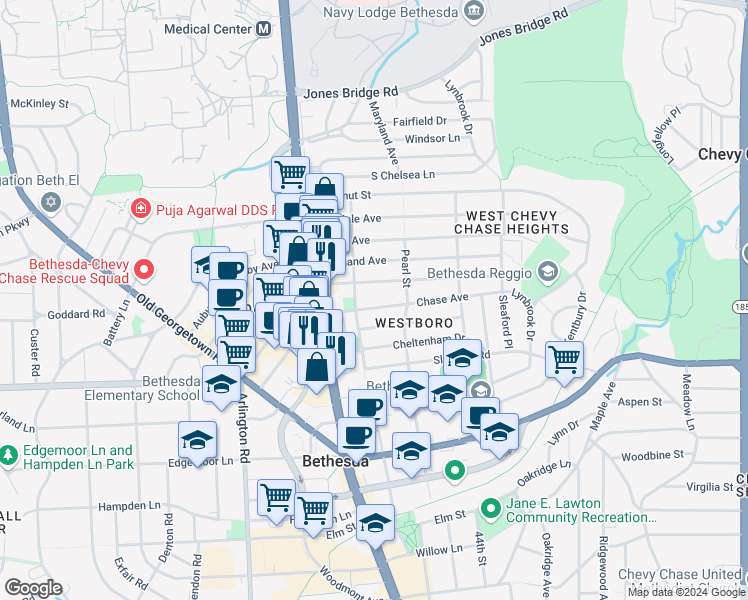 map of restaurants, bars, coffee shops, grocery stores, and more near 4613 Chase Avenue in Bethesda