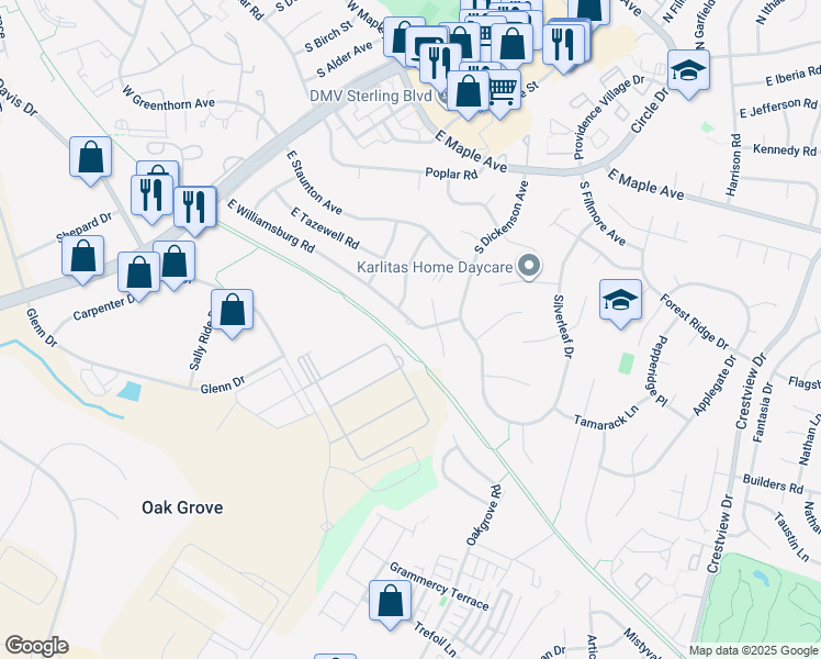 map of restaurants, bars, coffee shops, grocery stores, and more near 702 Williamsburg Road in Sterling