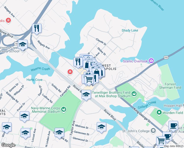 map of restaurants, bars, coffee shops, grocery stores, and more near Annapolis Street in Annapolis