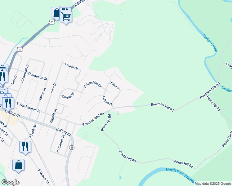 map of restaurants, bars, coffee shops, grocery stores, and more near 633 Christiansen Drive in Strasburg