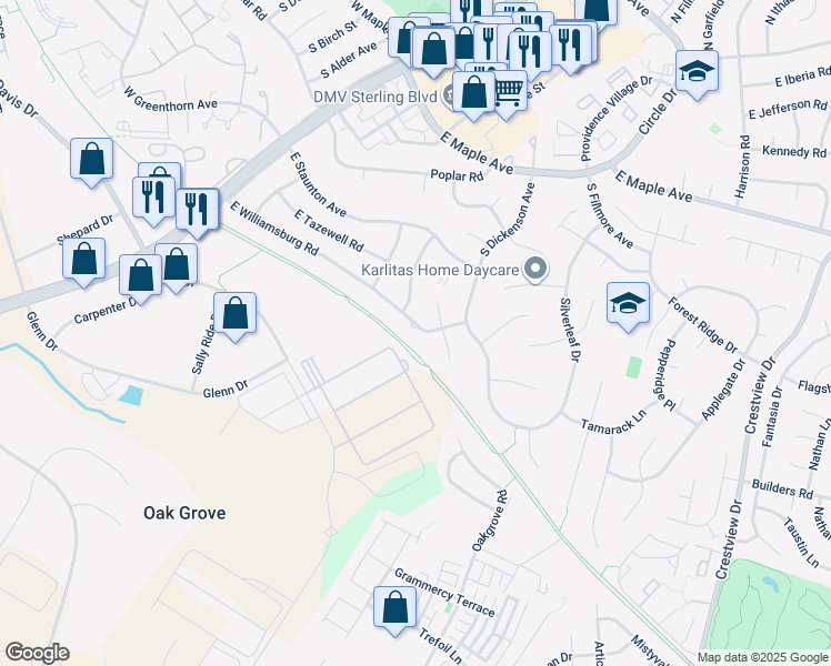 map of restaurants, bars, coffee shops, grocery stores, and more near 702 Williamsburg Road in Sterling