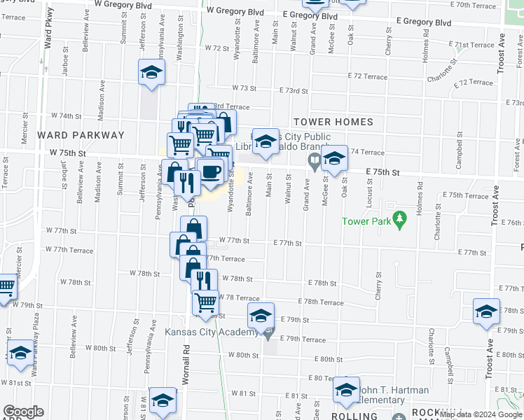 map of restaurants, bars, coffee shops, grocery stores, and more near 7608 Main Street in Kansas City