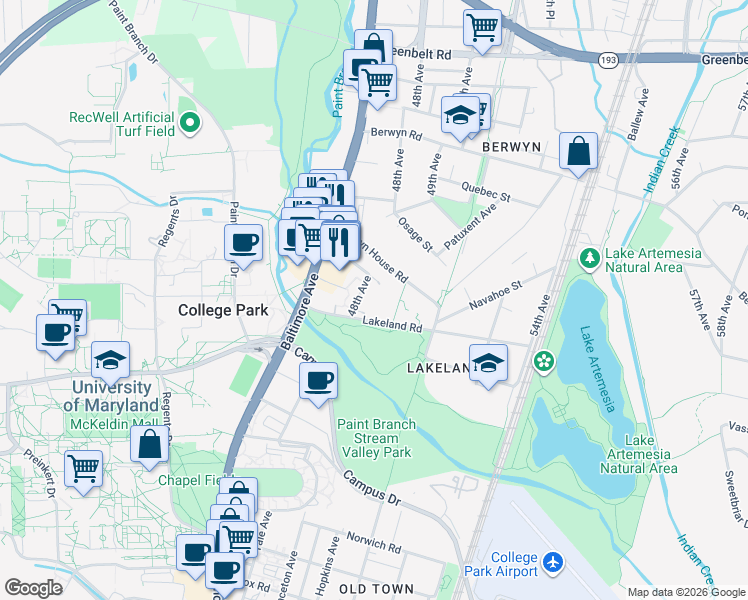map of restaurants, bars, coffee shops, grocery stores, and more near 8125 48th Avenue in College Park