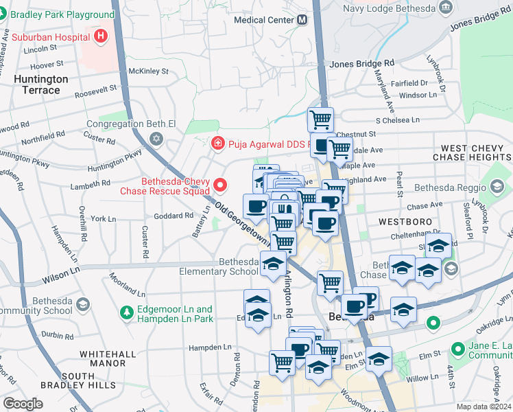 map of restaurants, bars, coffee shops, grocery stores, and more near 8013 Glenbrook Road in Bethesda