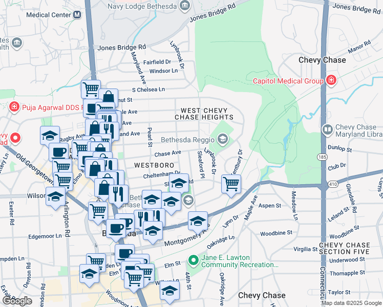 map of restaurants, bars, coffee shops, grocery stores, and more near 7923 Chelton Road in Bethesda